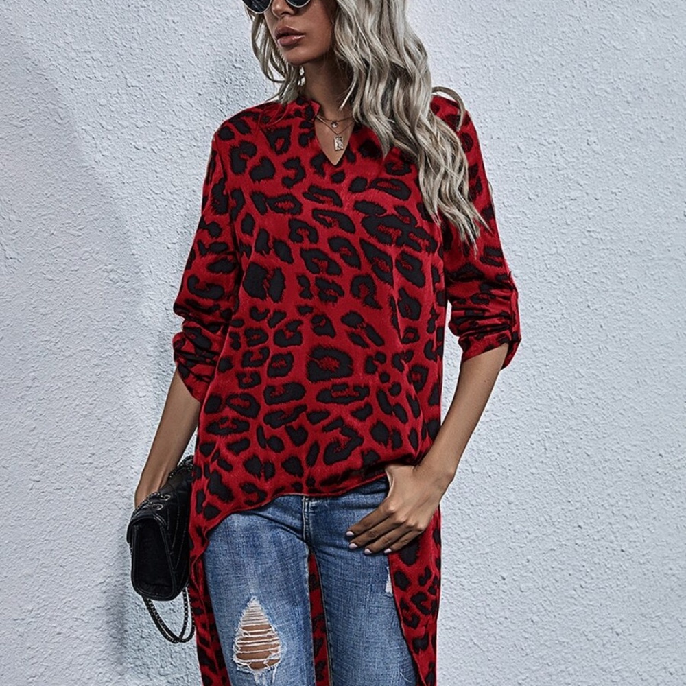 Khaki Black Leopard Animal Print High Low Tunic top - Picture 7 of 13
